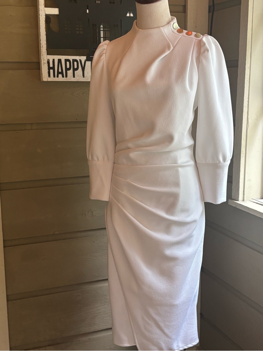 New York & Company White Midi Dress with Puff Sleeves and Button Accent
